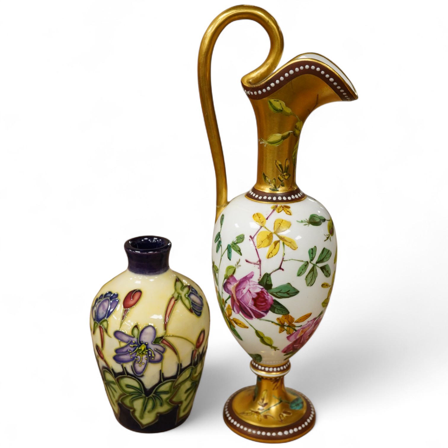 A Moorcroft miniature vase and an English bone china floral ewer, largest 21cm high
